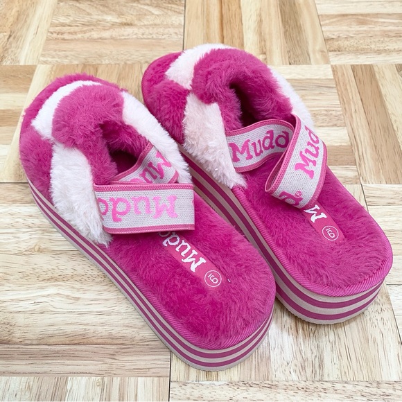MUDD Stormy Fuchsia/White Fuzzy Elastic Slingback Slides Platform Slippers Sz 9 - Picture 3 of 16